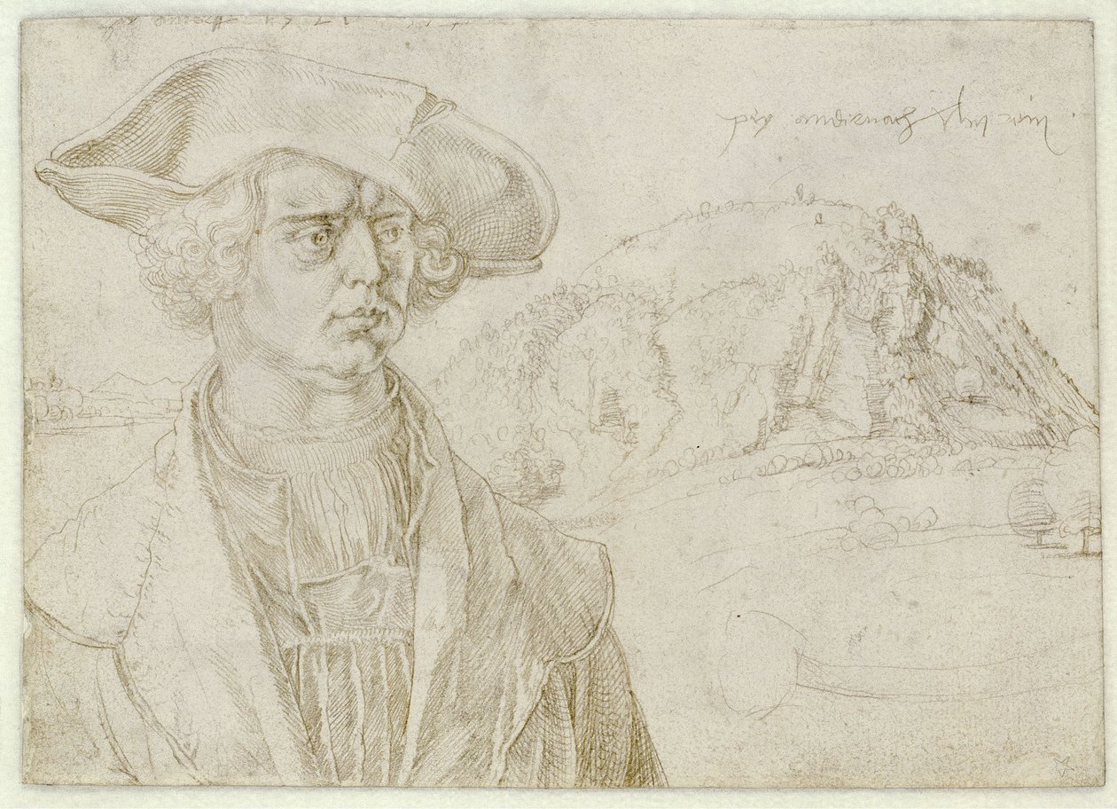 Porträtt av en man (Aert Bruyn) och landskap nära Andernach av Albrecht Dürer