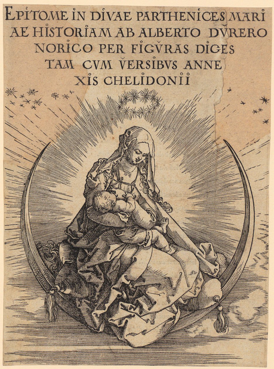 Maria på månskäran, blad 1 i serien ”Marias liv” av Albrecht Dürer