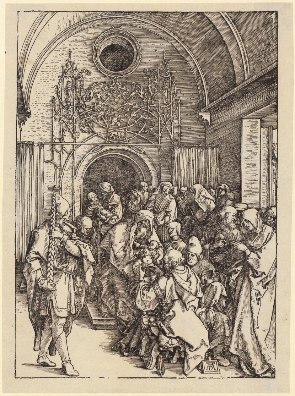 Maria på månskäran, blad 1 ur serien "Jungfru Marias liv" av Albrecht Dürer