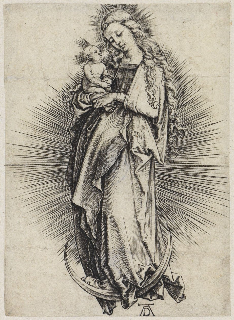 Maria med långt hår på månskäran av Albrecht Dürer