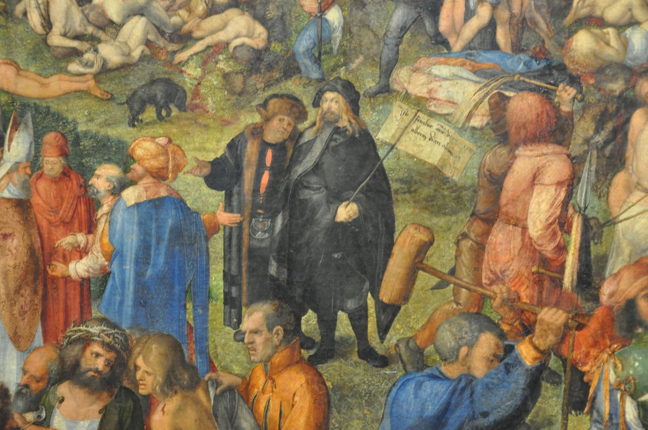 De tiotusen kristnas martyrium; detalj: Dürer och Conrad Celtis. av Albrecht Dürer