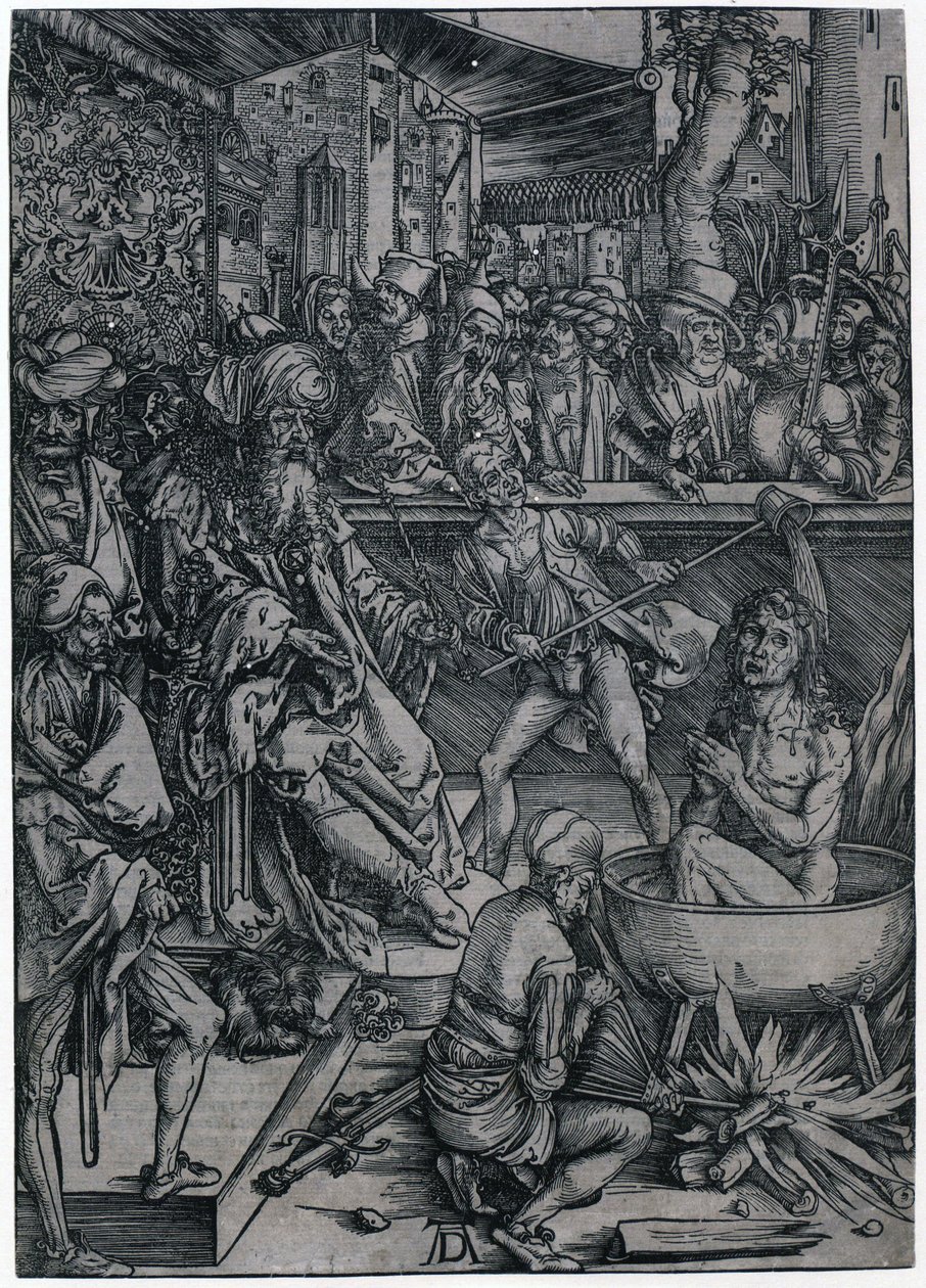 Evangelisten Johannes martyrium, blad 2  i serien ”Uppenbarelseboken” av Albrecht Dürer
