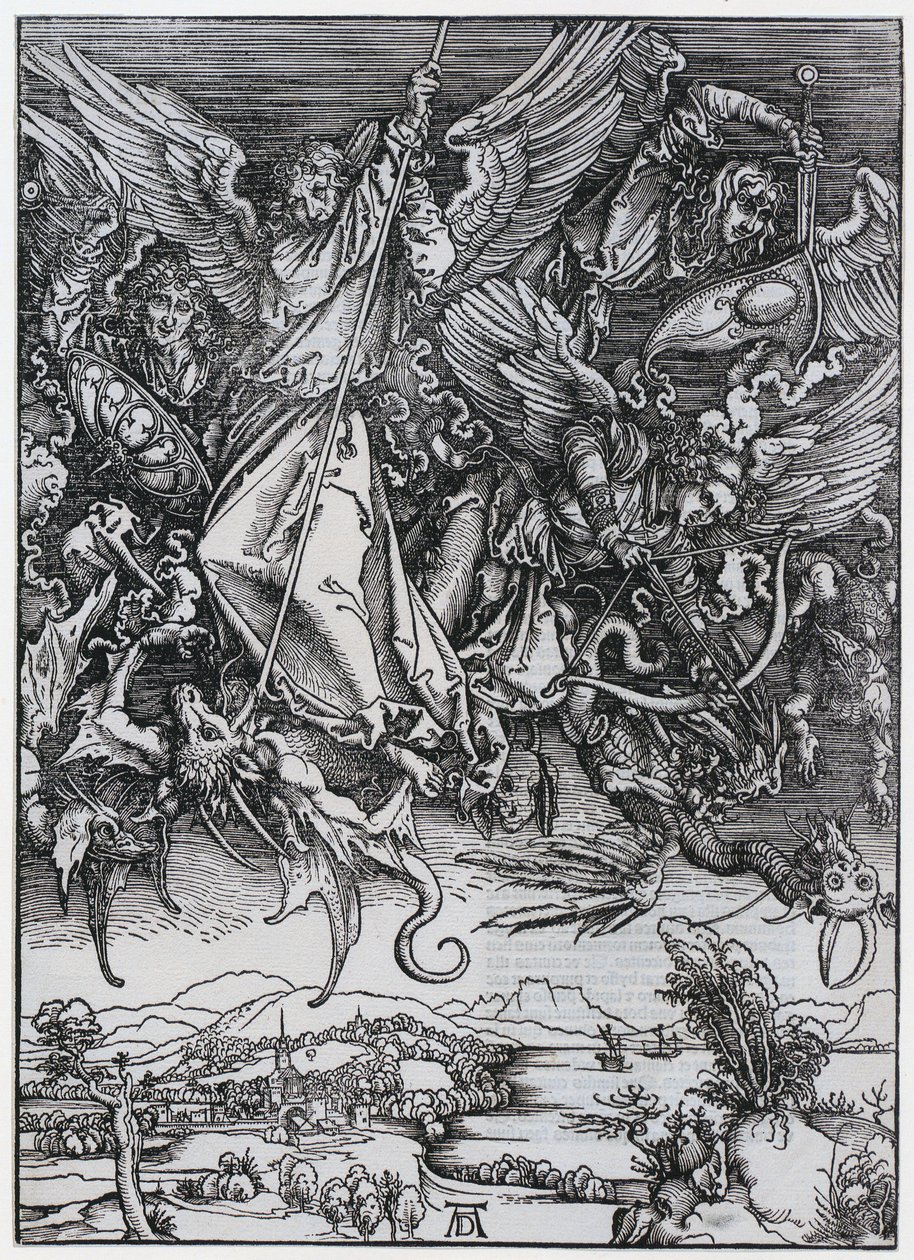 Mikaels kamp mot draken, figur X, blad 12 i serien ”Uppenbarelseboken” av Albrecht Dürer