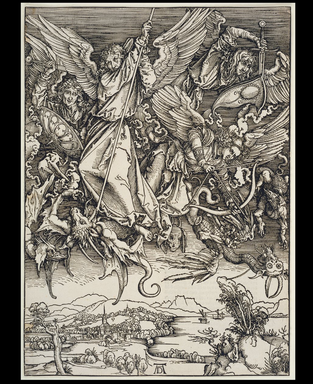 Mikaels kamp med draken, ur serien Apokalypsen, första tyska utgåvan 1498 av Albrecht Dürer
