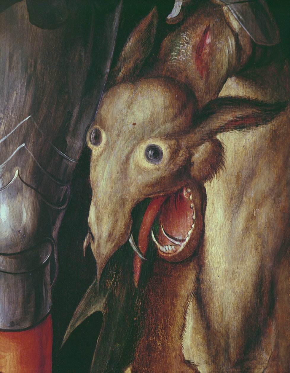 Paumgartner altartavla: detalj av den vänstra vingen, föreställande drakens huvud besegrad av St. George, ca 1500 tempera på paneldetalj av 495745 av Albrecht Dürer