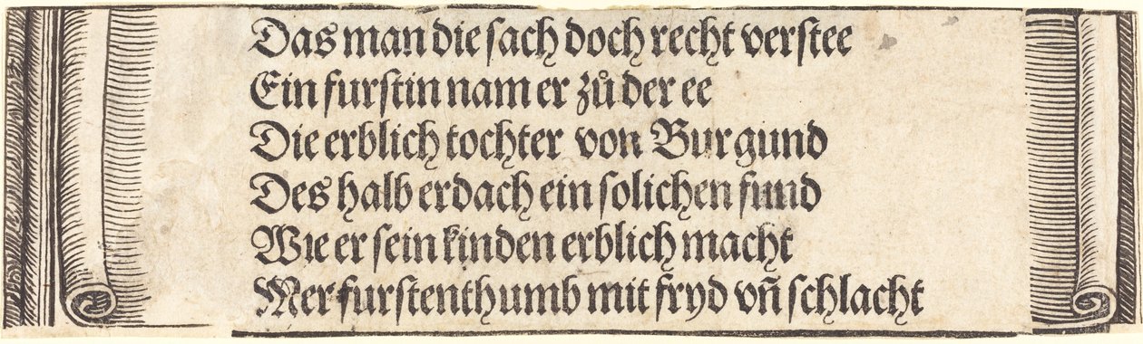 Tryckt text för "Maximilians trolovning med Maria av Bourgogne" av Albrecht Dürer