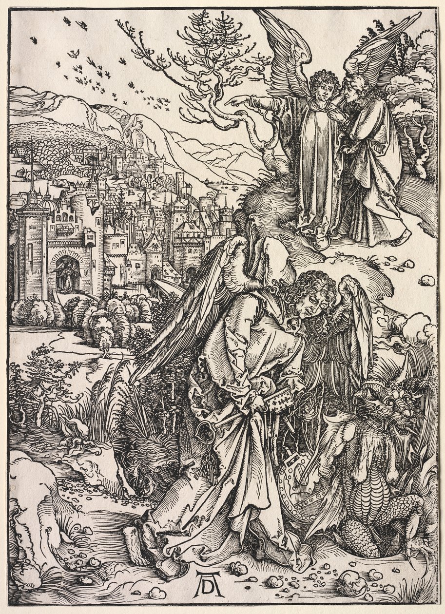 Johannes uppenbarelse: Ängel med nyckeln till den bottenlösa gropen av Albrecht Dürer