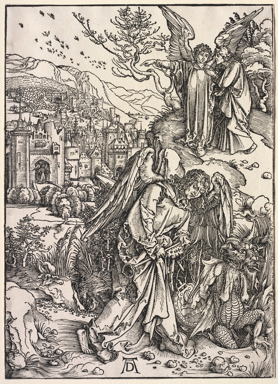 Johannes uppenbarelse: Ängel med nyckeln till den bottenlösa gropen, 1511. av Albrecht Dürer