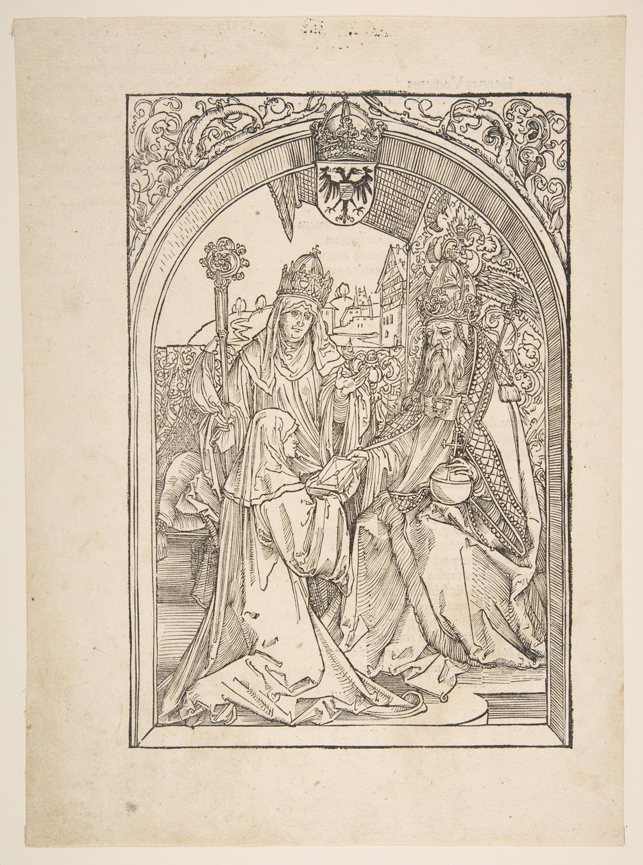 Rosvitha presenterar komedierna för kejsaren Otto I. illustration från Operan Hrosvi....n.d. av Albrecht Dürer