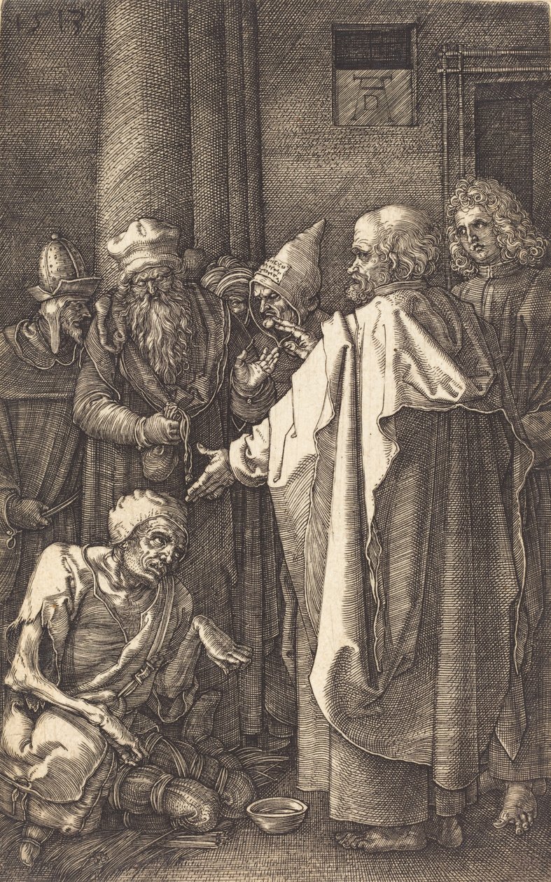 Sankt Peter och Sankt Johannes helar en krympling vid templets port, 1513. av Albrecht Dürer