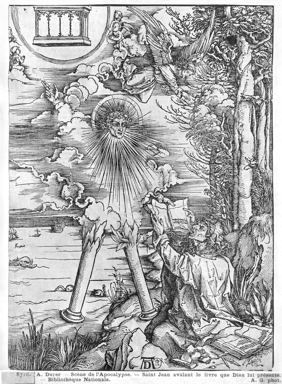 Scen från apokalypsen, Johannes slukar boken, latinsk upplaga, 1511 (träsnitt) (bw foto) av Albrecht Dürer
