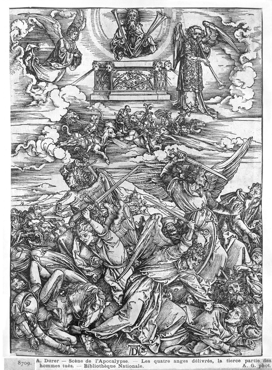 Scen från Apokalypsen, De fyra hämndlystna änglarna, latinsk upplaga, 1511 av Albrecht Dürer