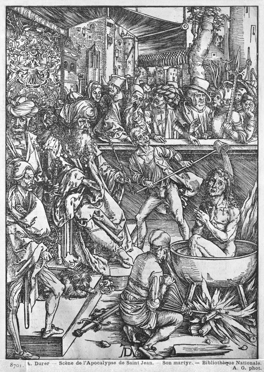 Scen från Apokalypsen, St. Johannes evangelistens martyrskap, latinsk upplaga, 1511 av Albrecht Dürer