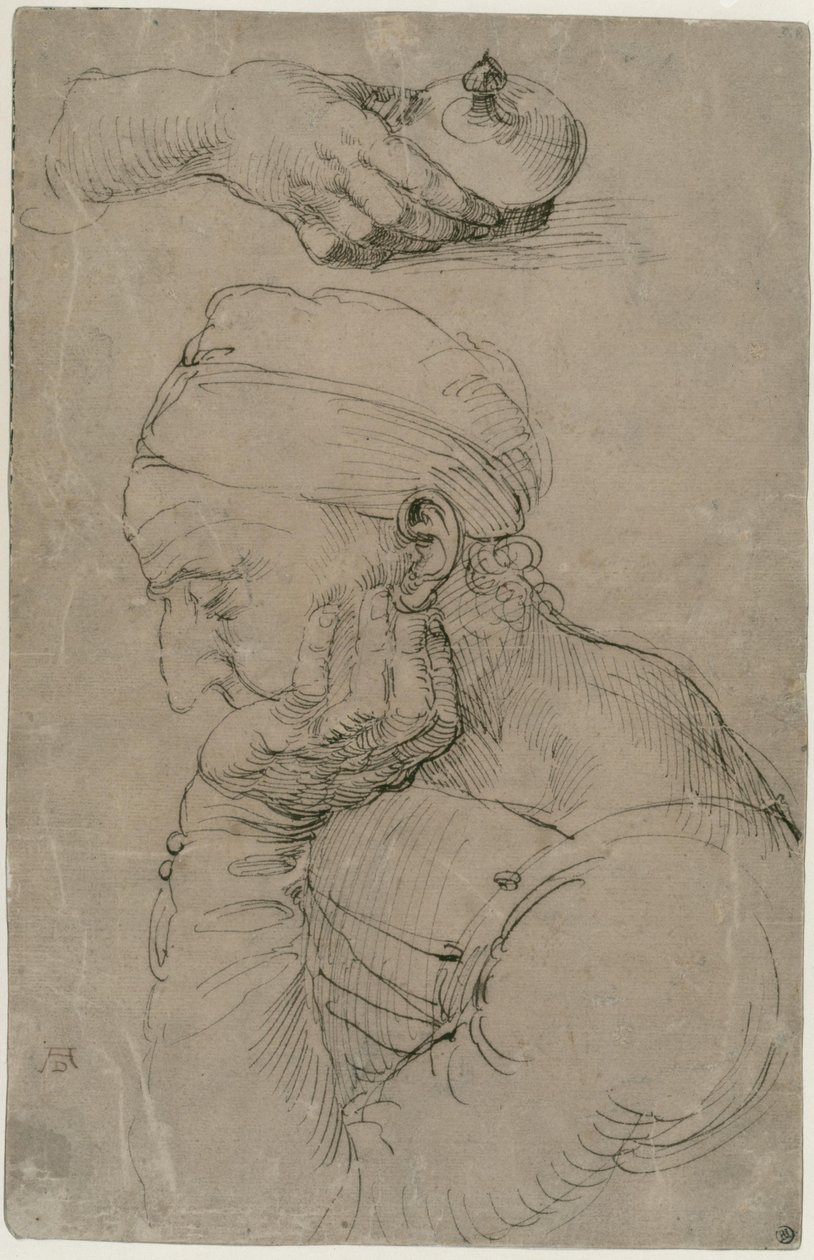 Sovande man och studie av en hand med en salvorburk av Albrecht Dürer