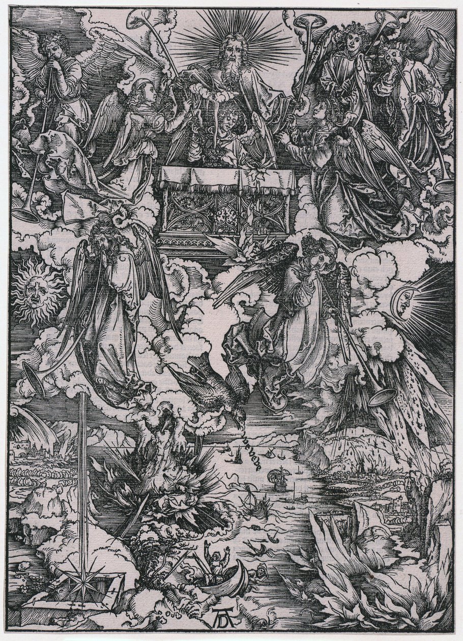 Sju änglar med trumpeter, figur VI, blad 8 ur serien ”Apokalypsen” av Albrecht Dürer