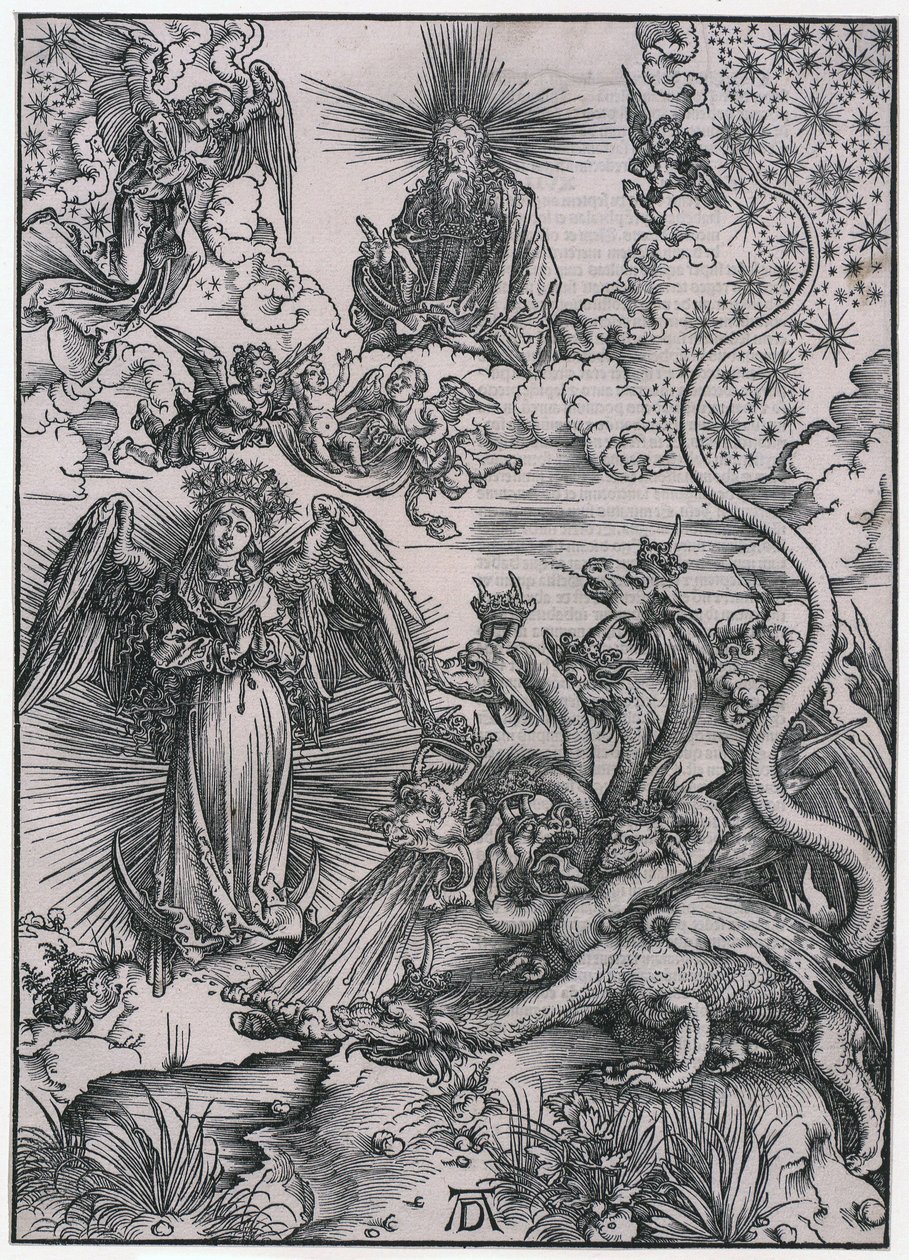 Solkvinnan och den sjuhuvade draken, figur IX, blad 11 i serien ”Apokalypsen” av Albrecht Dürer