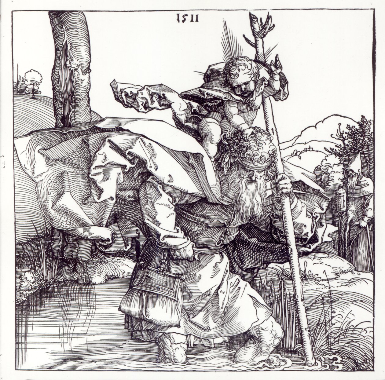 St. Christopher bär Kristusbarnet, 1511 (träsnitt) (bw foto) av Albrecht Dürer