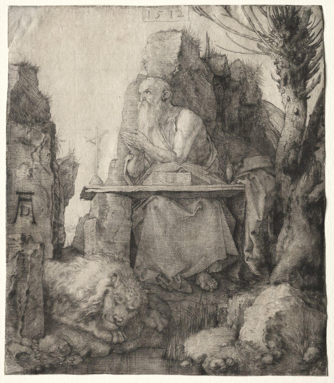 St. Jerome sitter nära en pil av Albrecht Dürer