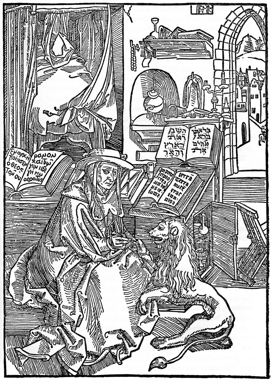 St Hieronymus i sitt arbetsrum som drar en tagg från en lejontass, 1492, 1936 av Albrecht Dürer