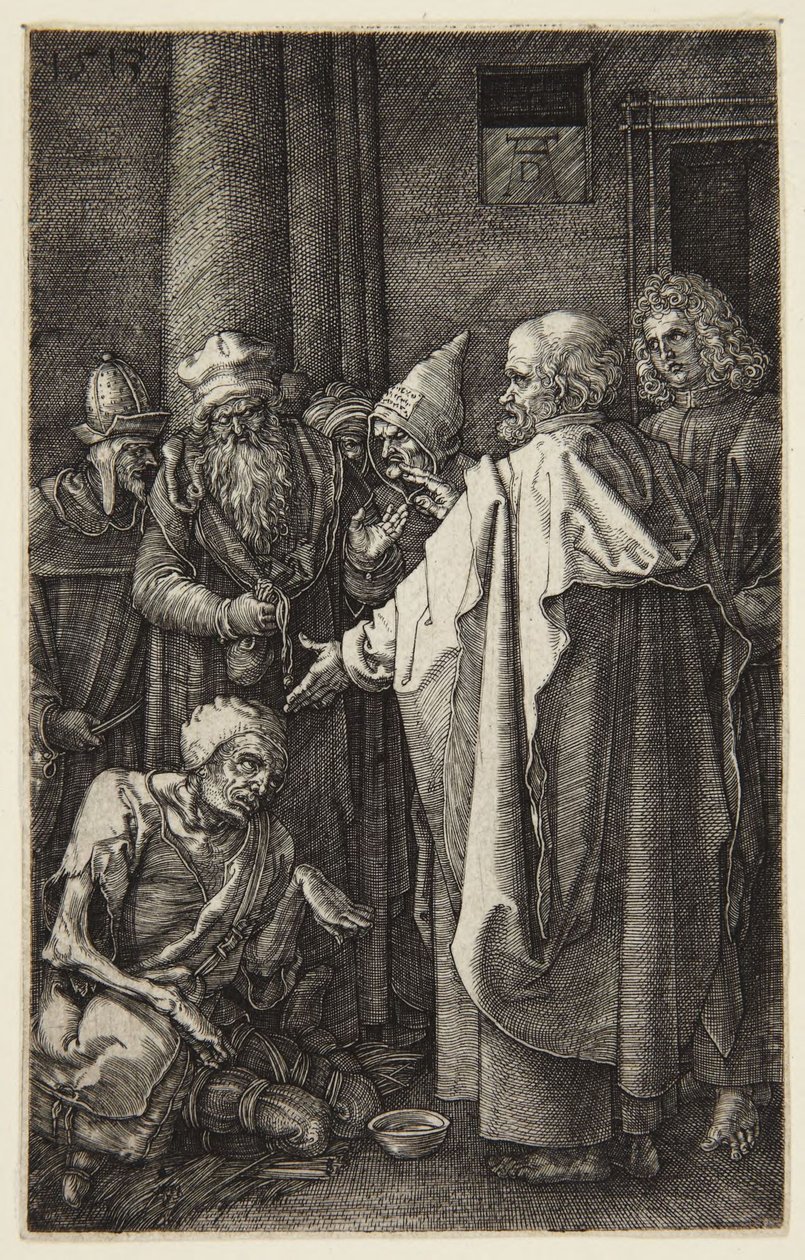 S:t Petrus och S:t Johannes botar den lame mannen (serien ”Graverad passion”) av Albrecht Dürer