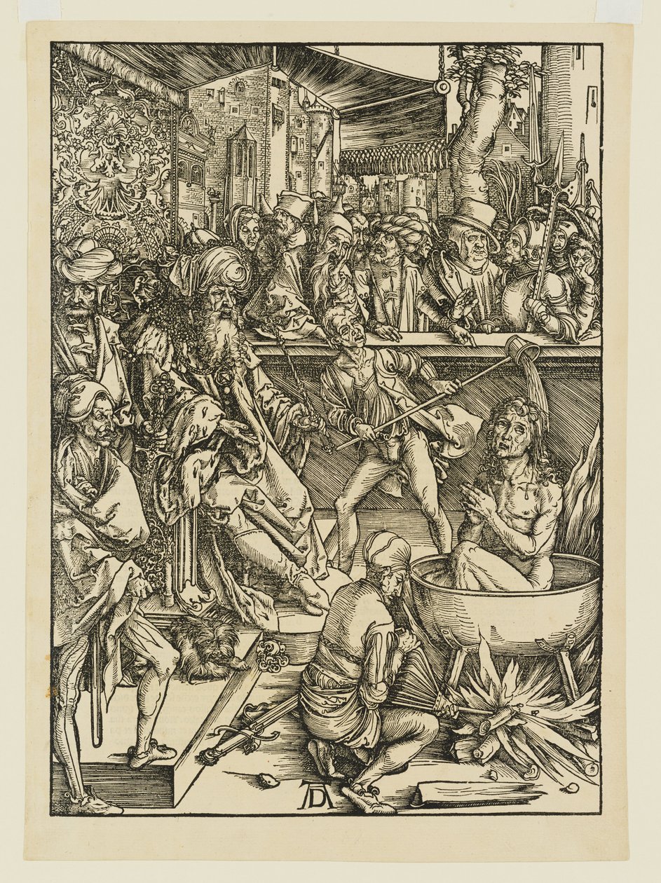 Sankt Johannes misslyckade martyrskap i en kittel med kokande olja under Domitianus av Albrecht Dürer