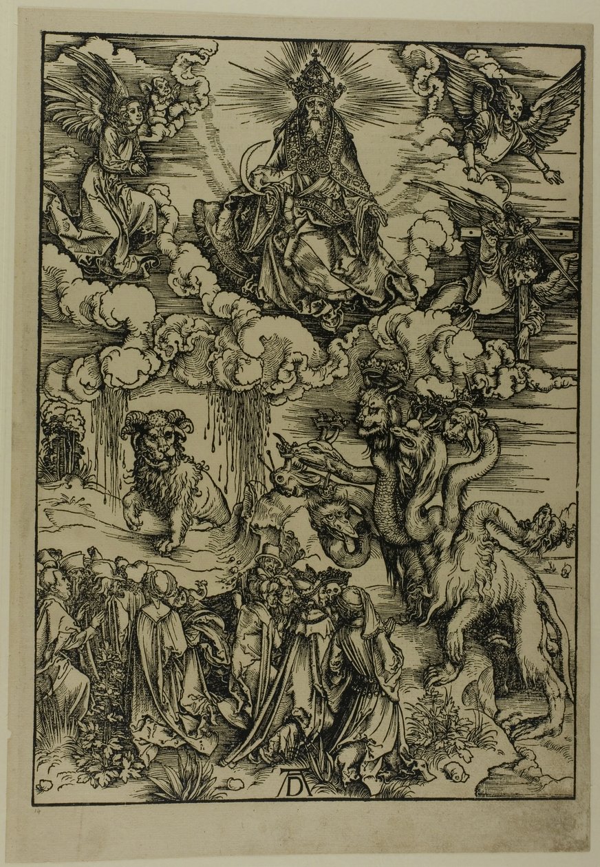 Odjuret med två horn som ett lamm, från The Apocalypse av Albrecht Dürer