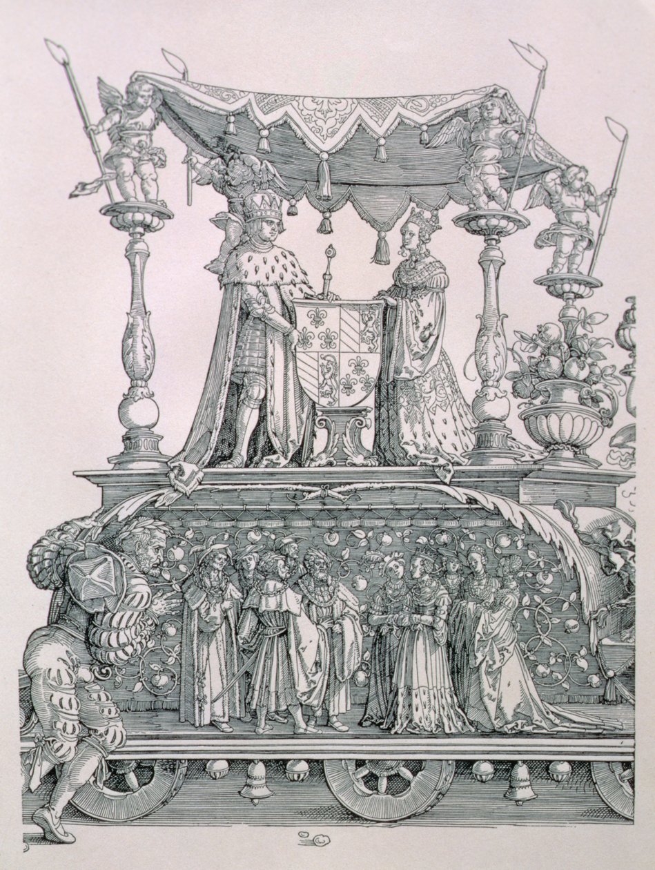 Det burgundiska äktenskapet eller triumftåget av kejsar Maximilian I av Tyskland (1459-1519) som visar bröllopsvagnen för Maximilian och Mary av Burgund (1458-82), pub. 1526 (detalj av Albrecht Dürer
