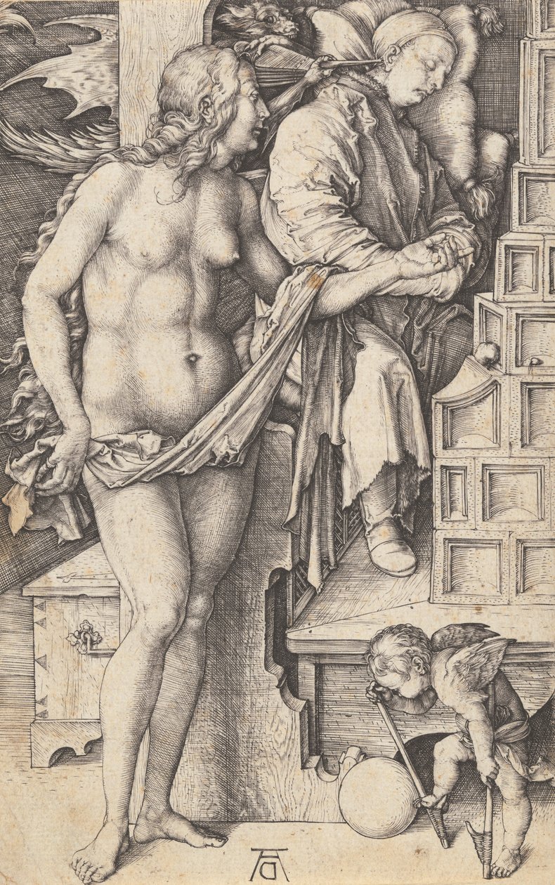 Drömmen om doktorns frestelse av den lediga, 14981499. av Albrecht Dürer