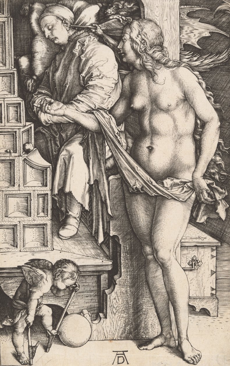 Drömmen om doktorns frestelse av den lediga, 14981499. av Albrecht Dürer
