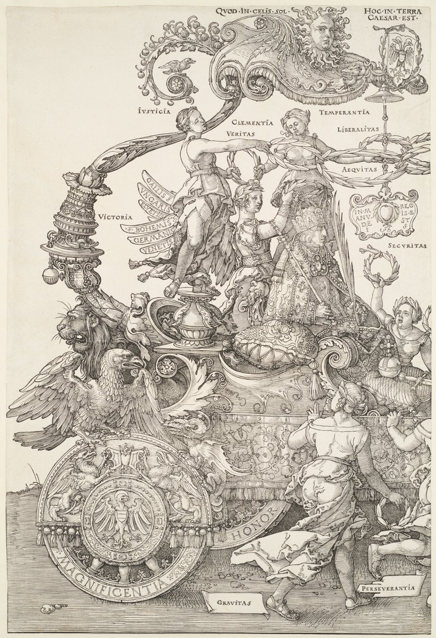 Den stora triumfvagnen: vagnens vänstra del med kejsaren krönt av segern av Albrecht Dürer