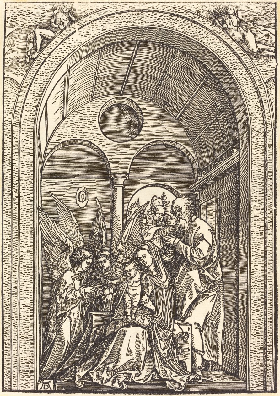 Den heliga familjen med två änglar i en välvd sal av Albrecht Dürer