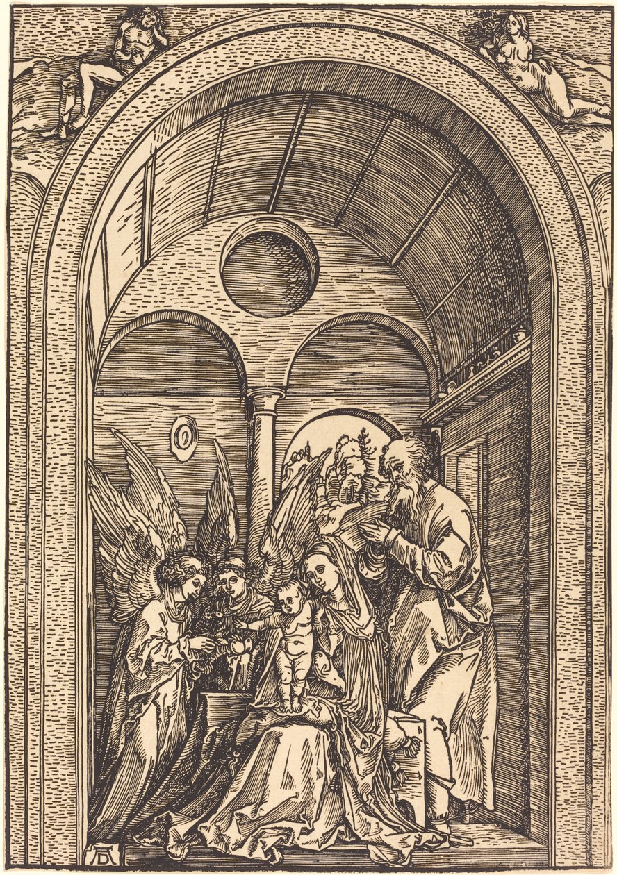 Den heliga familjen med två änglar i en välvd sal av Albrecht Dürer