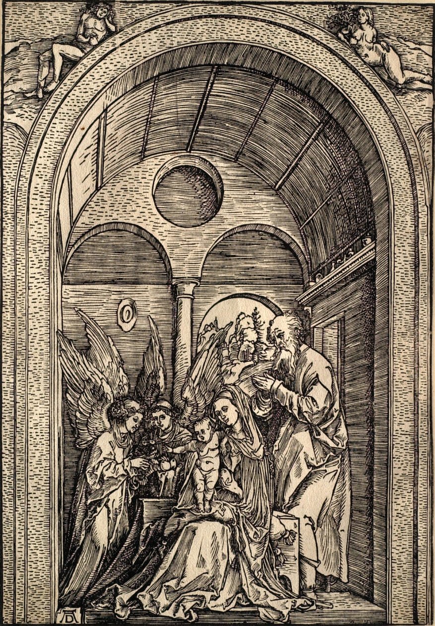 Den heliga familjen med två änglar i en välvd sal av Albrecht Dürer