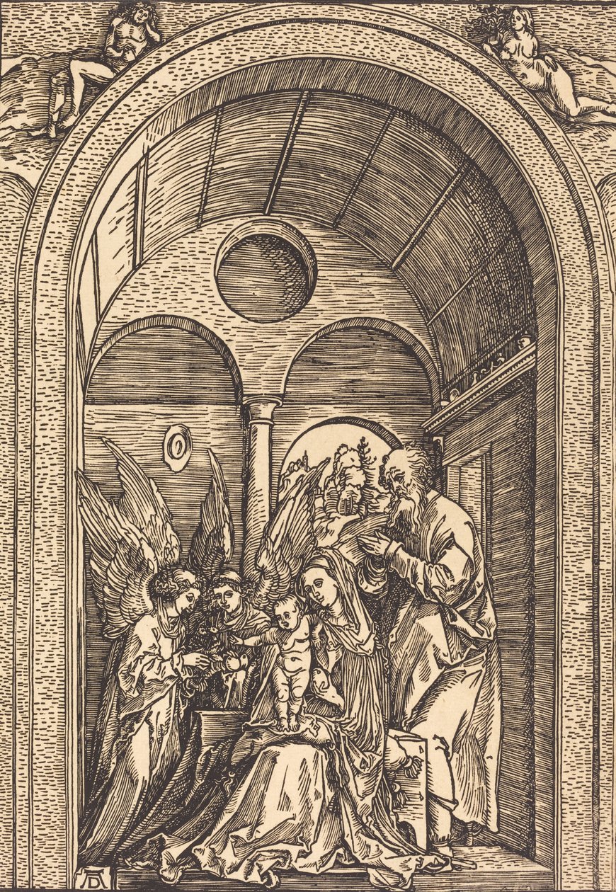 Den heliga familjen med två änglar i en välvd sal, ca. 1504. av Albrecht Dürer