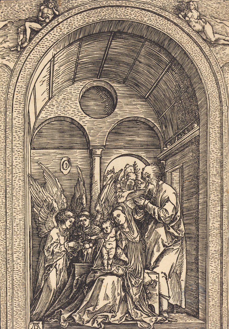 Den heliga familjen med två änglar i en välvd sal, ca. 1504. av Albrecht Dürer