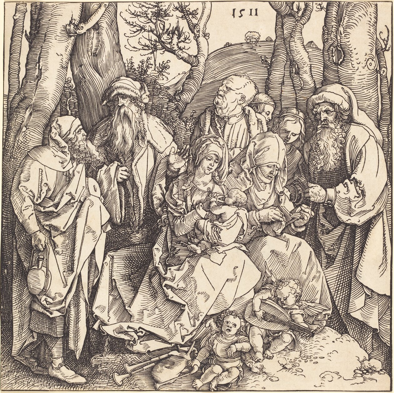 Den heliga familjen med två musikskapande änglar av Albrecht Dürer