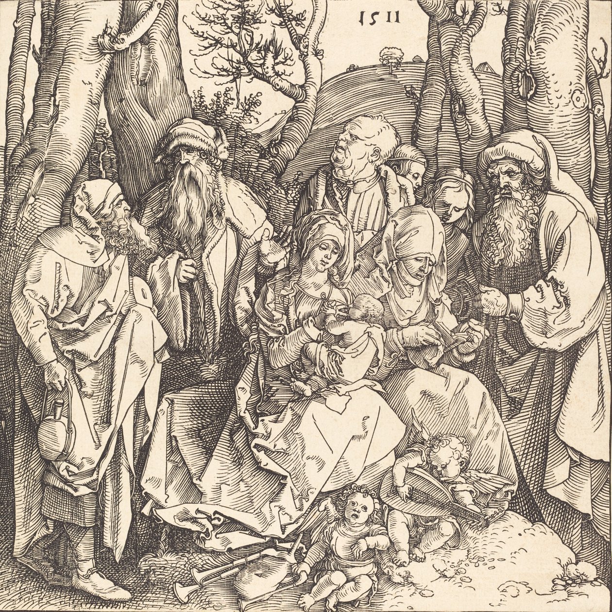 Den heliga familjen med två musikskapande änglar, 1511. av Albrecht Dürer