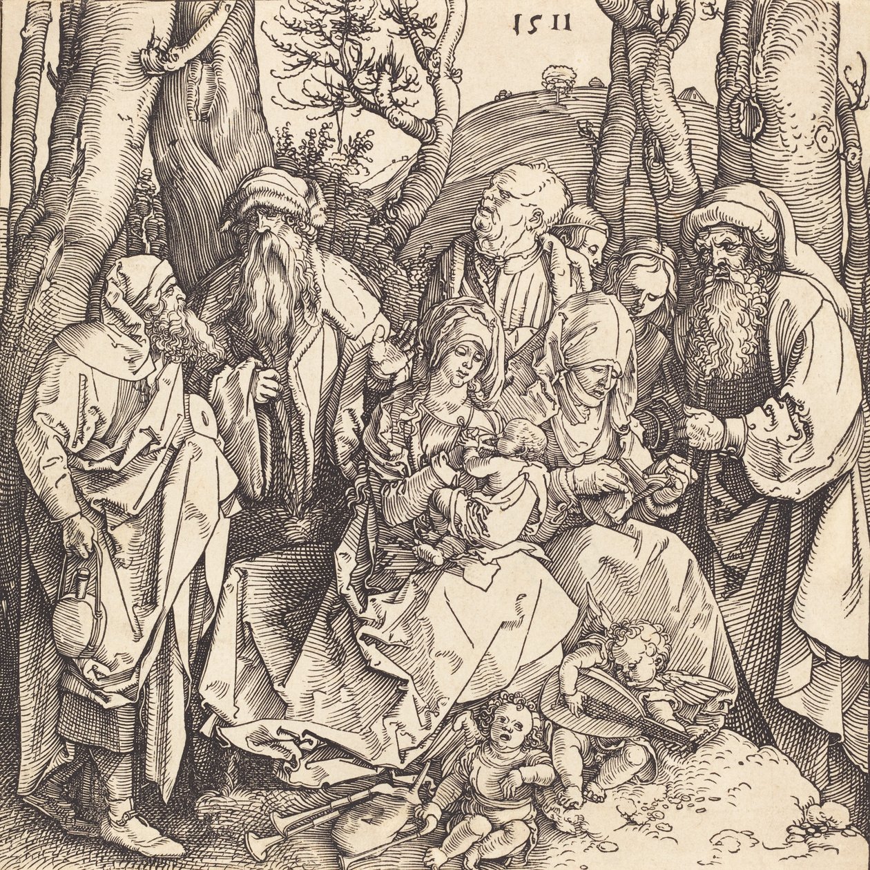 Den heliga familjen med två musikskapande änglar, 1511. av Albrecht Dürer