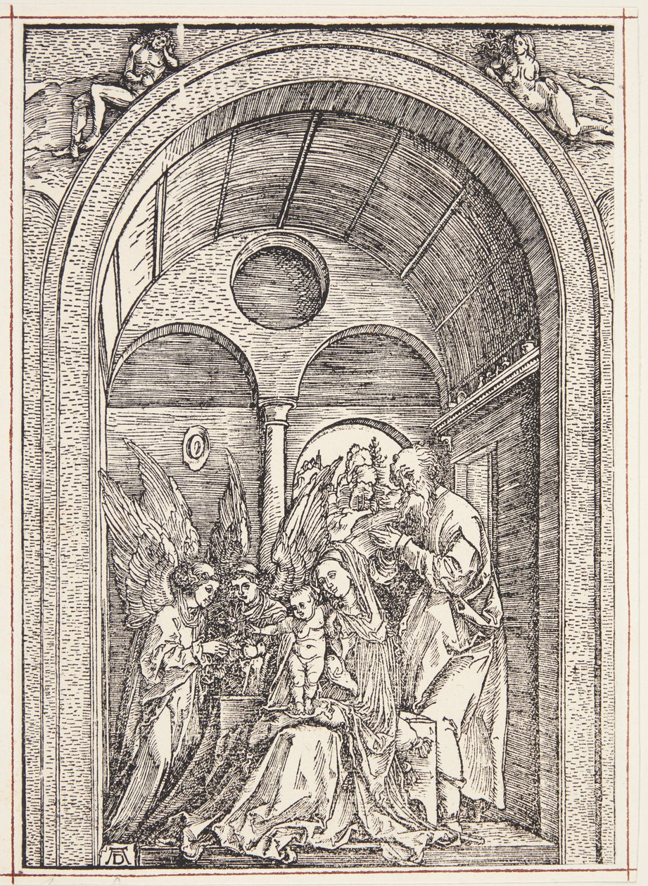 Den heliga familjen med två änglar i en välvd sal av Albrecht Dürer