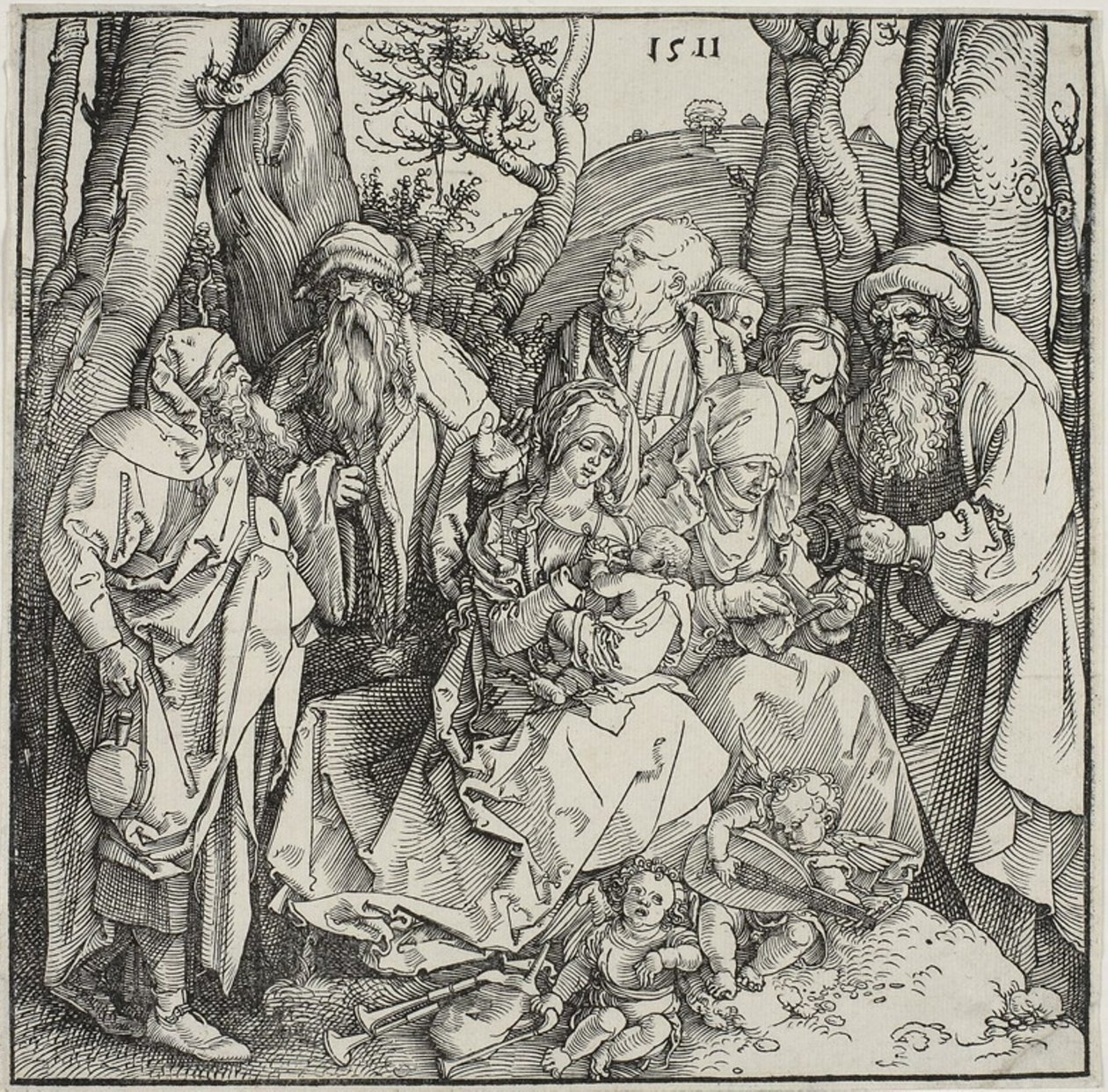 Den heliga släktskapet och två musikaliska änglar av Albrecht Dürer