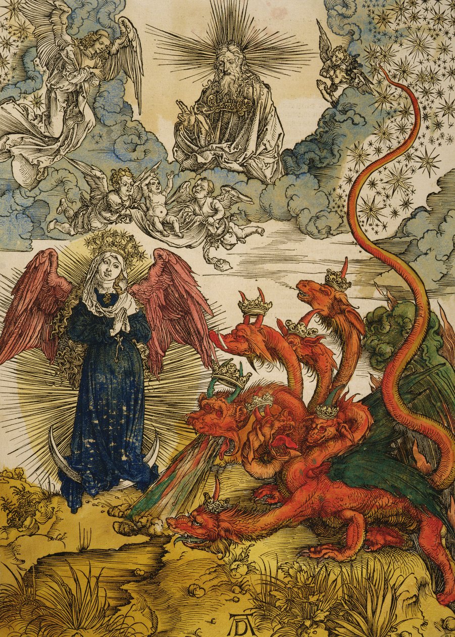 The Lady of the sun, 1498 (träsnitt i färg) av Albrecht Dürer