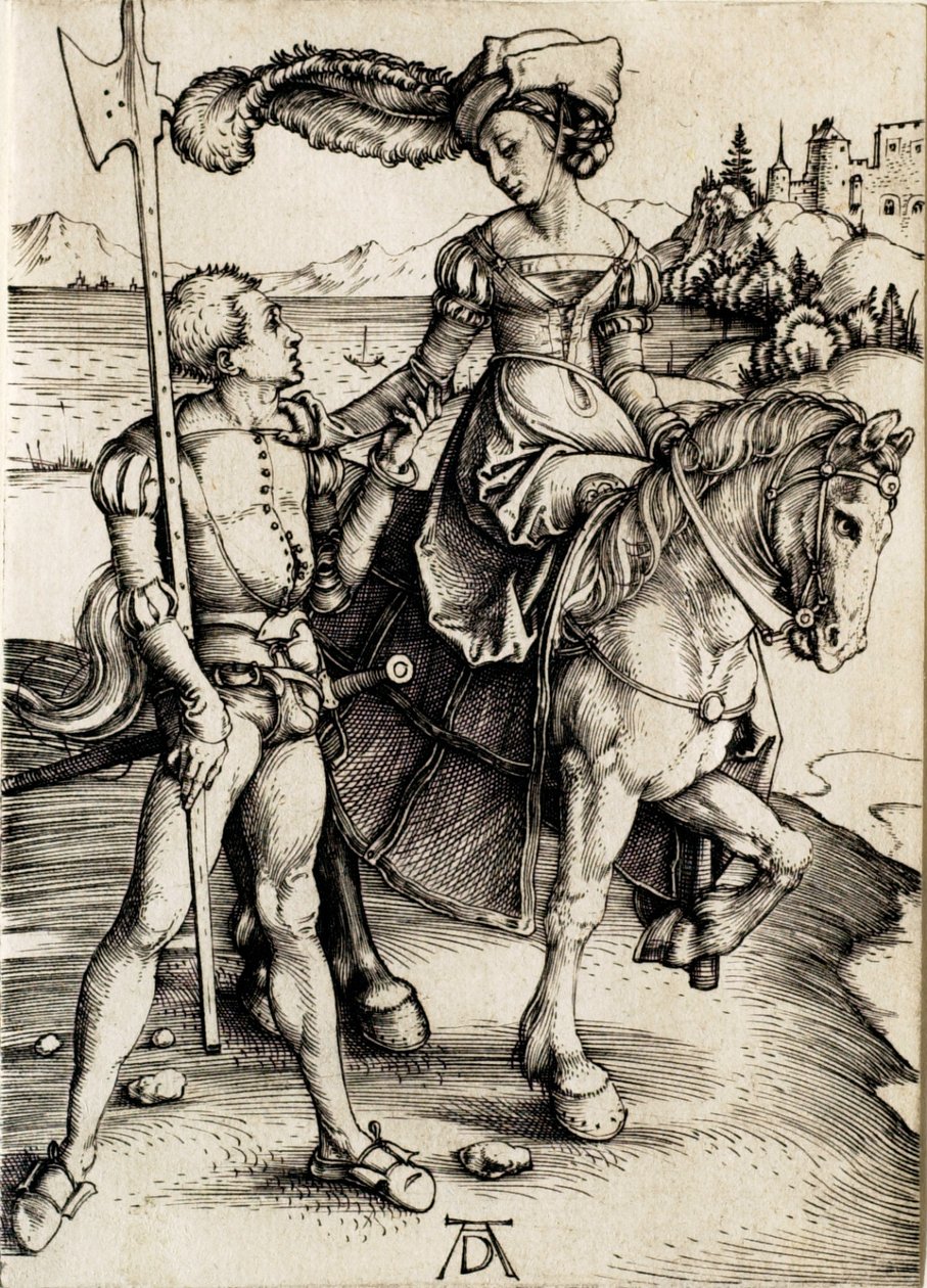 Damen till häst med hillebardieren av Albrecht Dürer