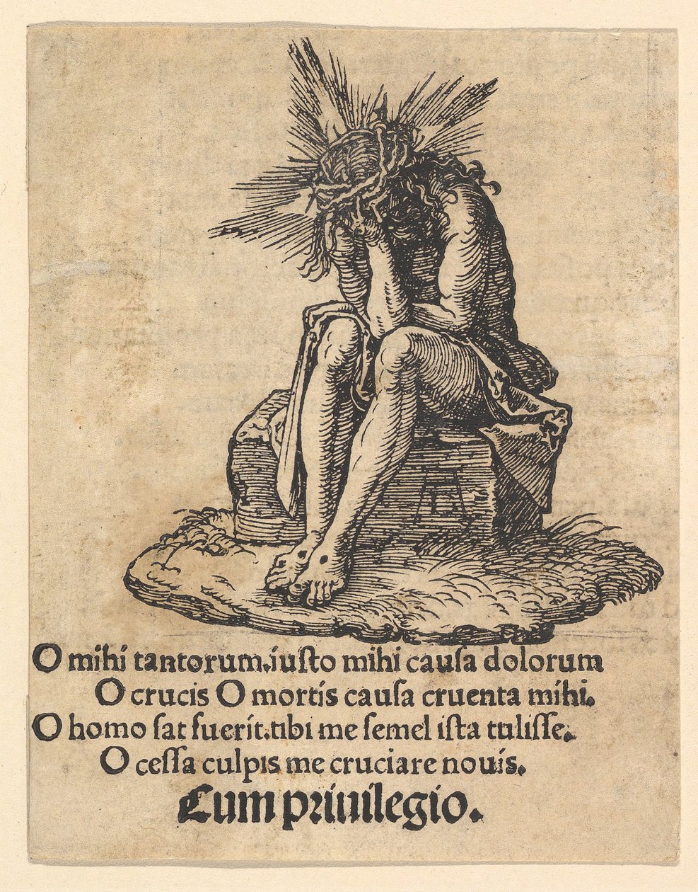 Sorgernas man sittande, titelsidan för Den lilla passionen, ca. 1511. av Albrecht Dürer