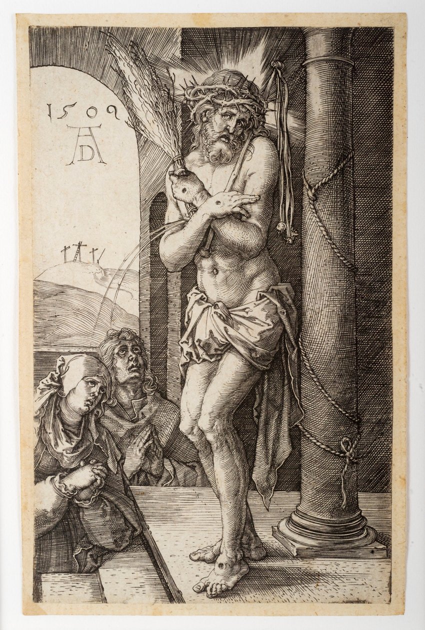 Sorgemannen vid kolumnen med jungfrun och Johannes, från den graverade passionen av Albrecht Dürer