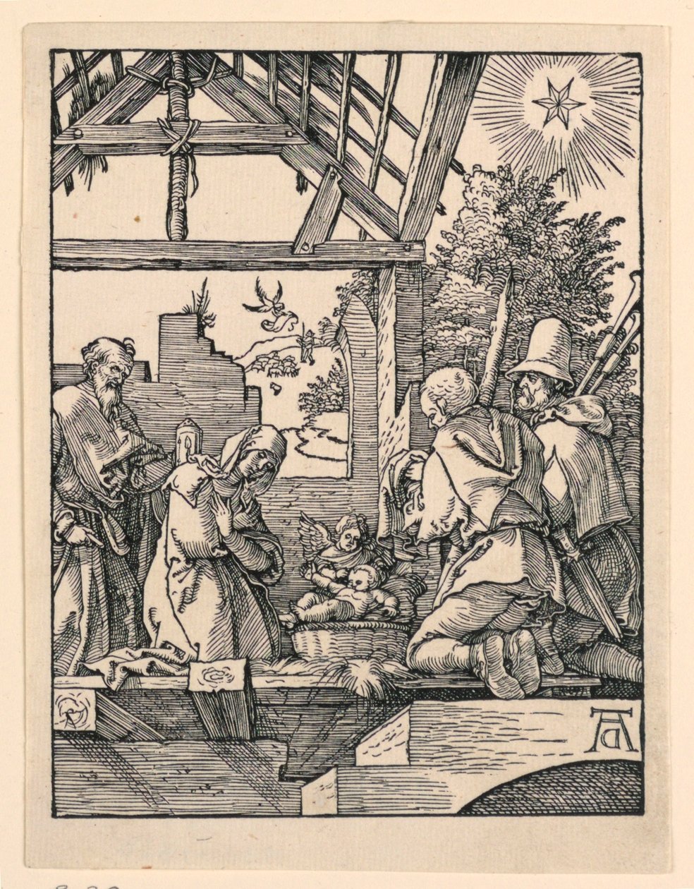 The Nativity (tillbedjan av herdarna) från The Little Passion-serien av Albrecht Dürer