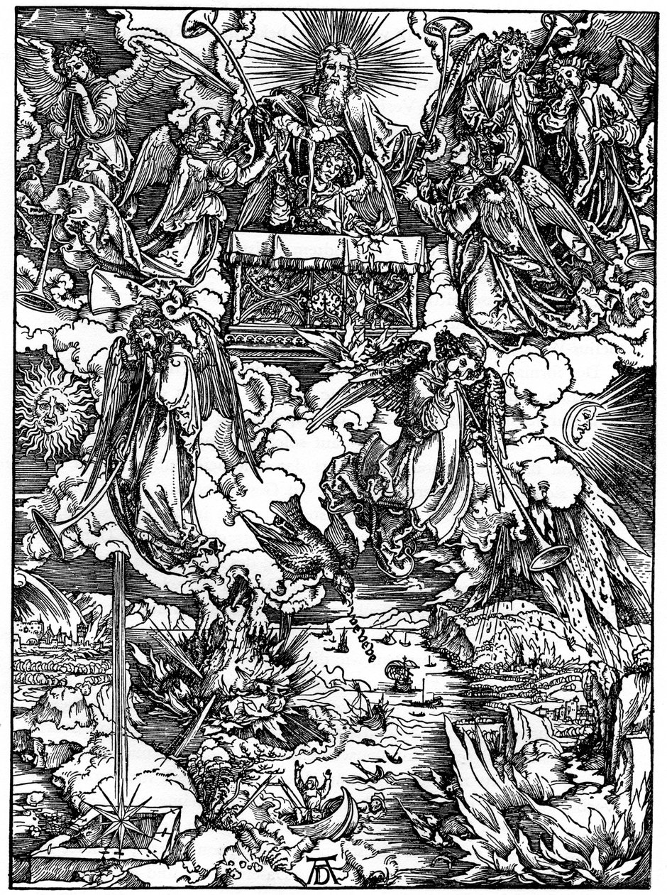 Öppnandet av det sjunde inseglet, De sju änglarna med trumpeterna, 1498, 1936 av Albrecht Dürer
