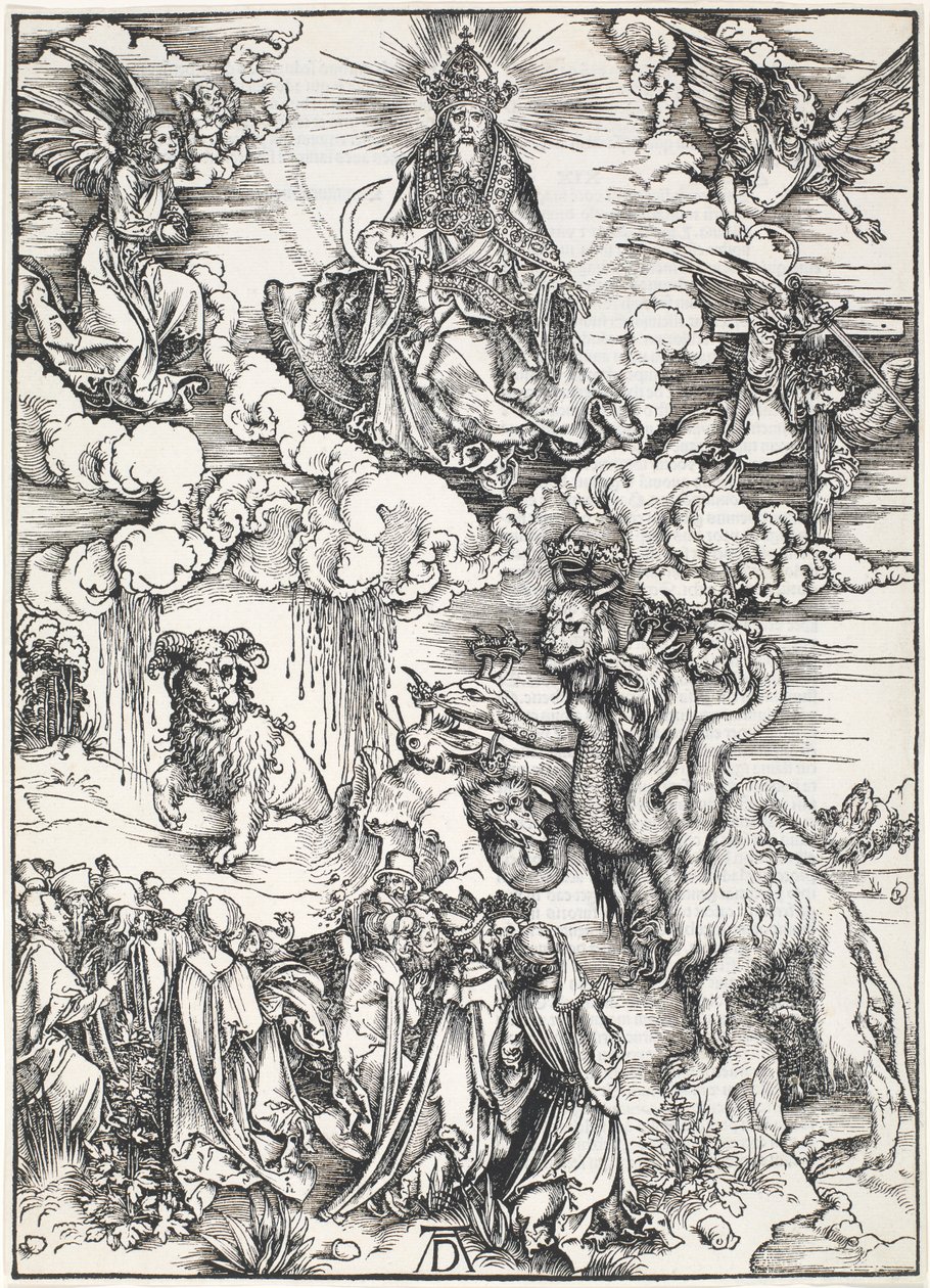 Det sjuhövdade odjuret och odjuret med lammhorn, från Johannes apokalypsen, 1496-1498 av Albrecht Dürer