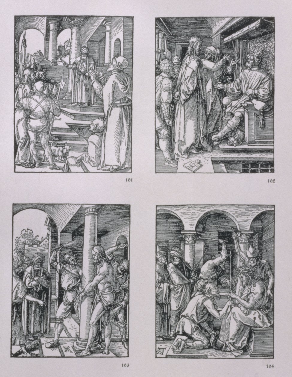 Serien "Small Passion" (medsols): Kristus före Pilatus; Kristus före Herodes; Gisslande; Törnekrona, pub. 1511 av Albrecht Dürer