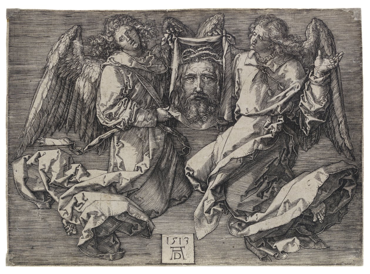 Svetteduken, uppvisad av två änglar av Albrecht Dürer