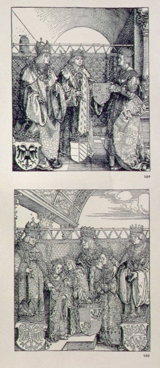 Kejsar Maximilians I:s triumfbåge (1459-1519): detalj som visar två paneler placerade ovanför den vänstra portalen som visar händelser i kejsar Maximilians liv, pub. 151728 av Albrecht Dürer